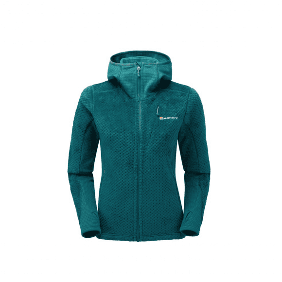 Giacca in pile del brand Montane da donna con cappuccio da usare come strato intermedio tecnico ibrido