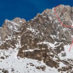 Grandes Jorasses - Parete sud con tracciato della via in memoria di Gianni Comino - Ph. Yann Borgnet