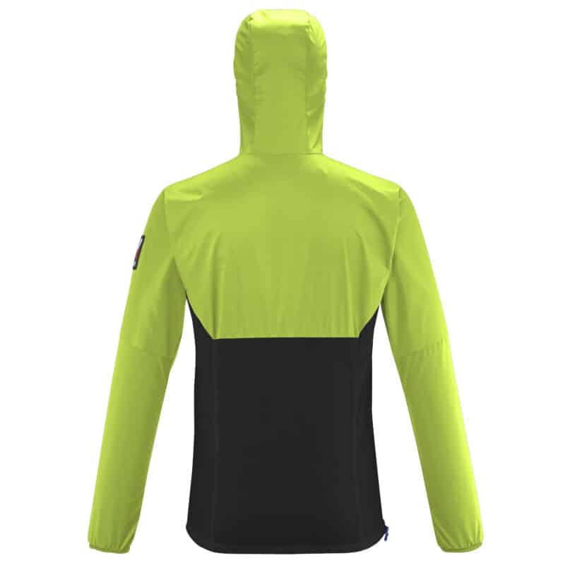 Millet Trilogy Sky Shield Hoodie, versione uomo in colore verde/nero, vista posteriore.
