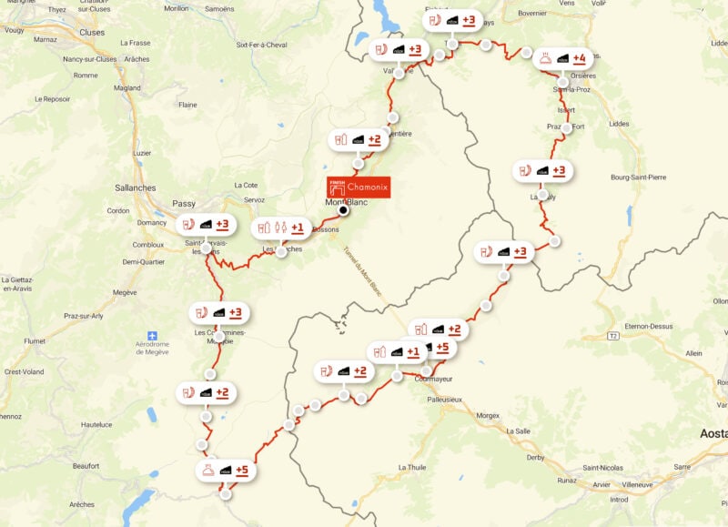 La mappa del percorso dell'UTMB 2023, tra Francia, Italia e Svizzera.