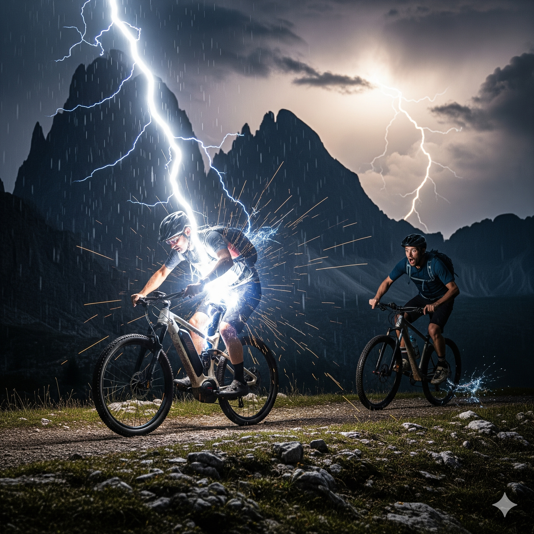 Ciclisti in montagna con ebike e muscolare durante un temporale