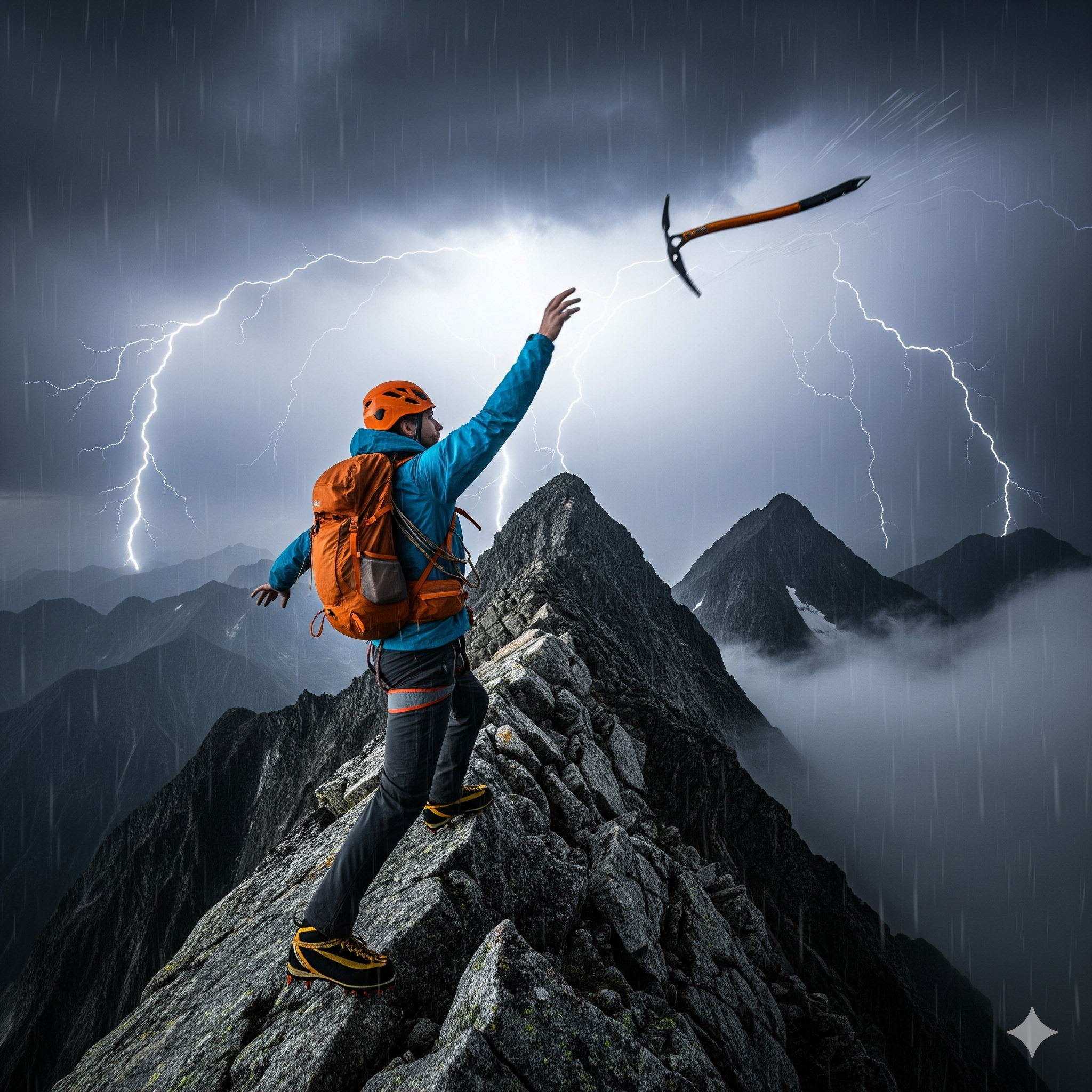 Alpinista abbandona la piccozza durante temporale