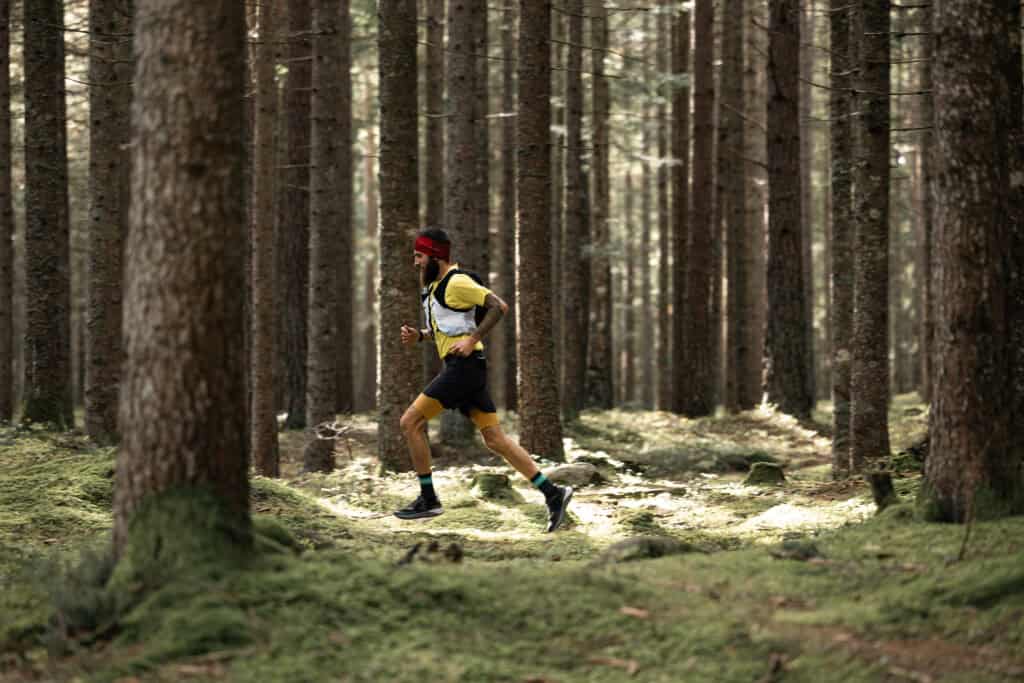 Trail runner in azione su un sentiero nel bosco di conifere, con luce radente fra i tronchi