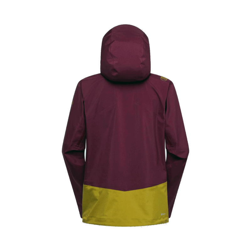 Giacca outdoor da trekking con cappuccio impermeabile rossa e gialla, ideale per attività all'aperto invernali.