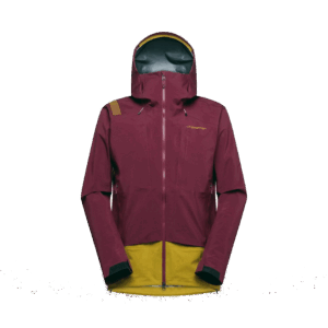 Giacca outdoor da escursionismo impermeabile e traspirante con cappuccio, colore bordeaux e giallo, uomo donna, abbigliamento tecnico outdoor.
