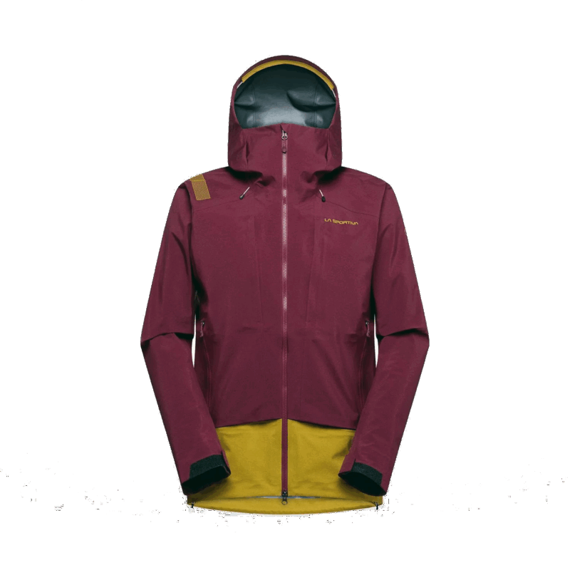Giacca outdoor da escursionismo impermeabile e traspirante con cappuccio, colore bordeaux e giallo, uomo donna, abbigliamento tecnico outdoor.