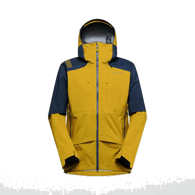 Giacca da escursionismo gialla e blu con cappuccio e zip frontale impermeabile.