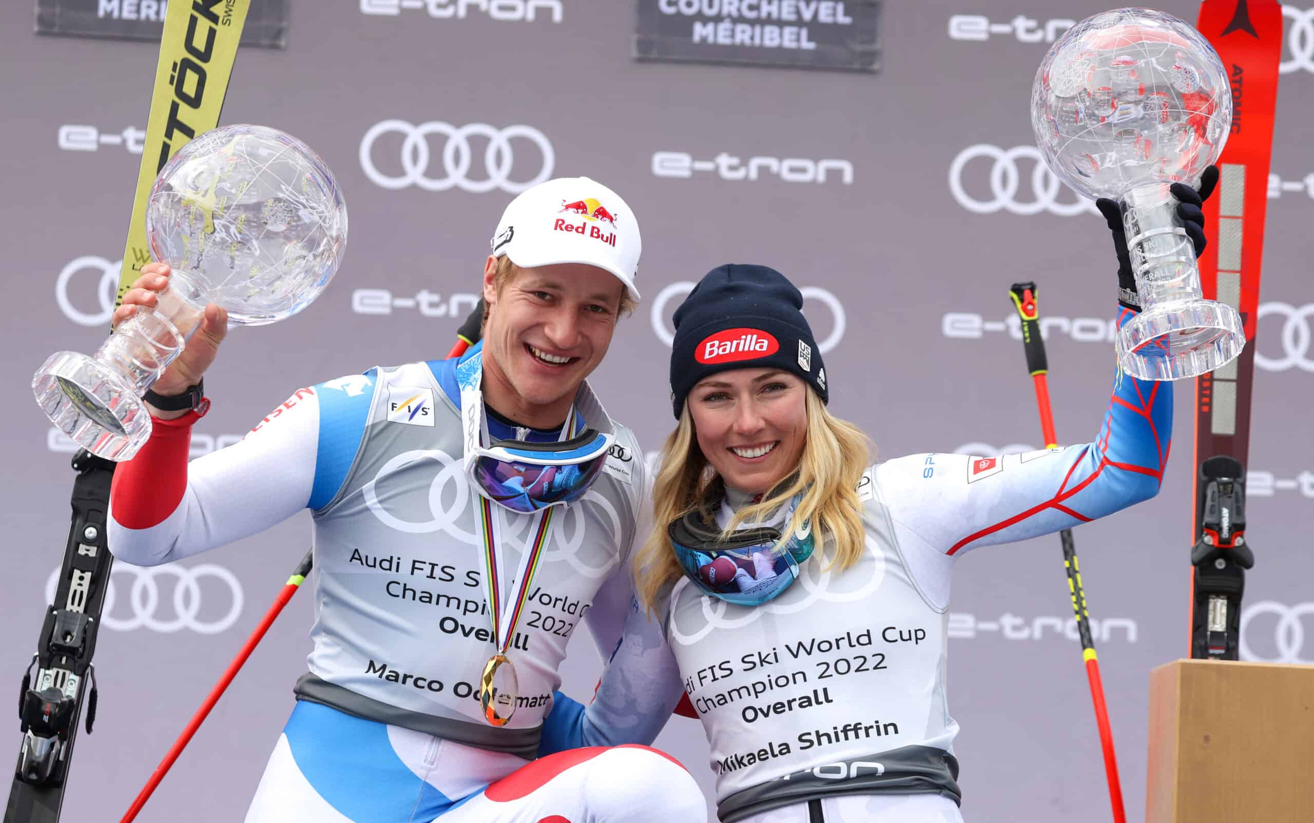 Marco Odermatt (SUI) e Mikaela Shiffrin qui vincitori della Coppa generale 2022. PH: Erich Spiess / Red Bull Content Pool