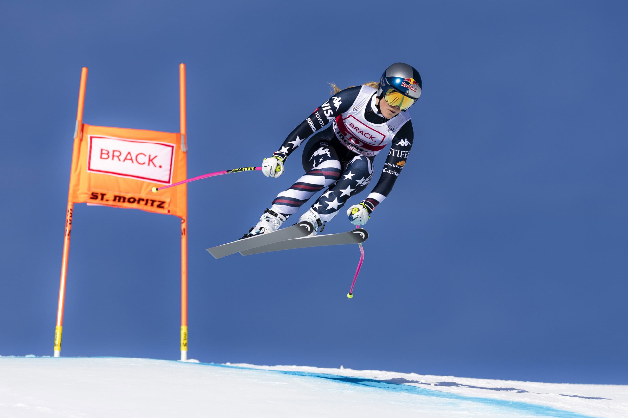 L'immensa Lindsay Vonn a St. Moritz. Photo Gabriele Facciotti | Pentaphoto // Erich Spiess / Red Bull Content Pool /