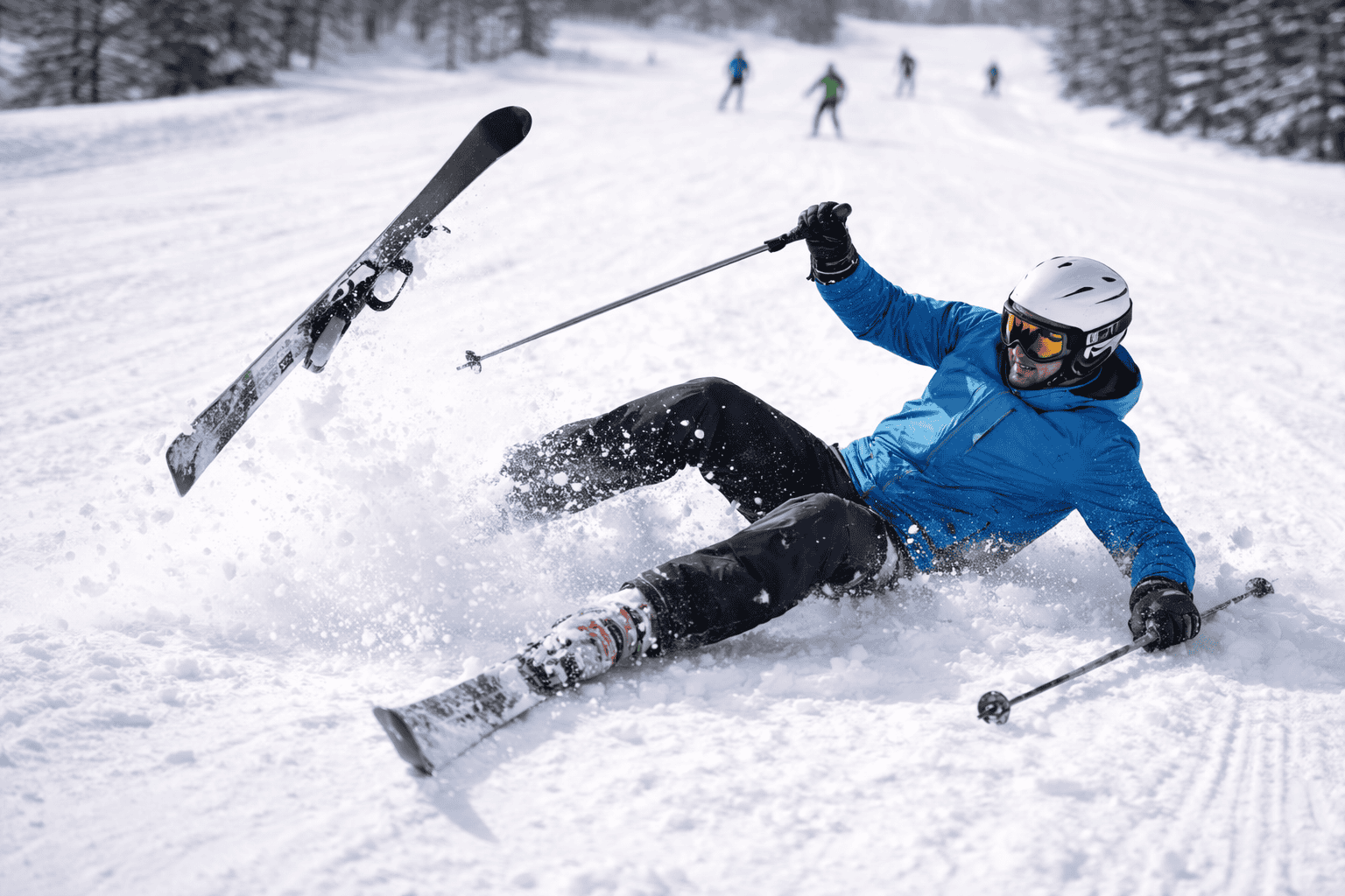 Esempio di caduta con sgancio dell’attacco: la dinamica reale non sempre coincide con la soglia DIN. (Immagine generata con AI)