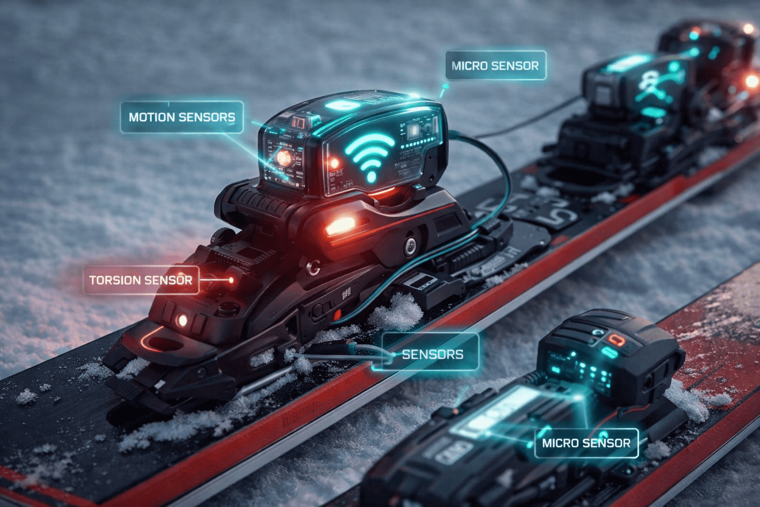 Concept di attacco da sci elettronico con sensori di torsione e movimento integrati, montato su sci da pista, rappresentazione tecnologica futuristica.