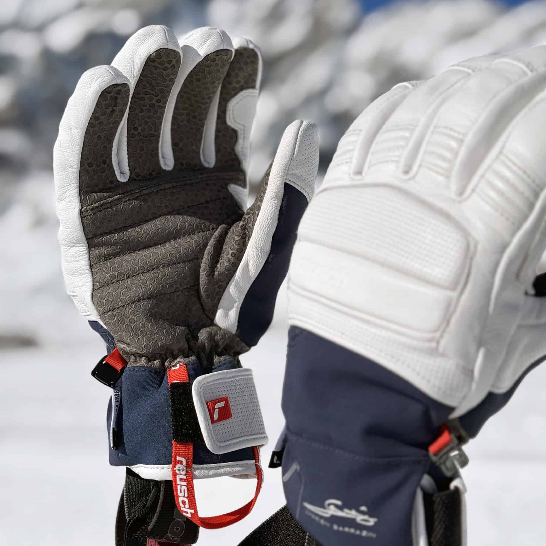 Dettaglio di guanti racing da sci alpino con palmo antiscivolo testurizzato e dorso imbottito protettivo.