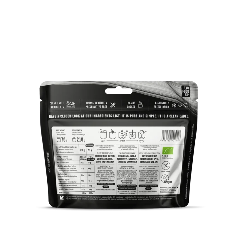 LYOFOOD Apple & Cinnamon Porridge – retro busta con valori nutrizionali, ingredienti e istruzioni di preparazione