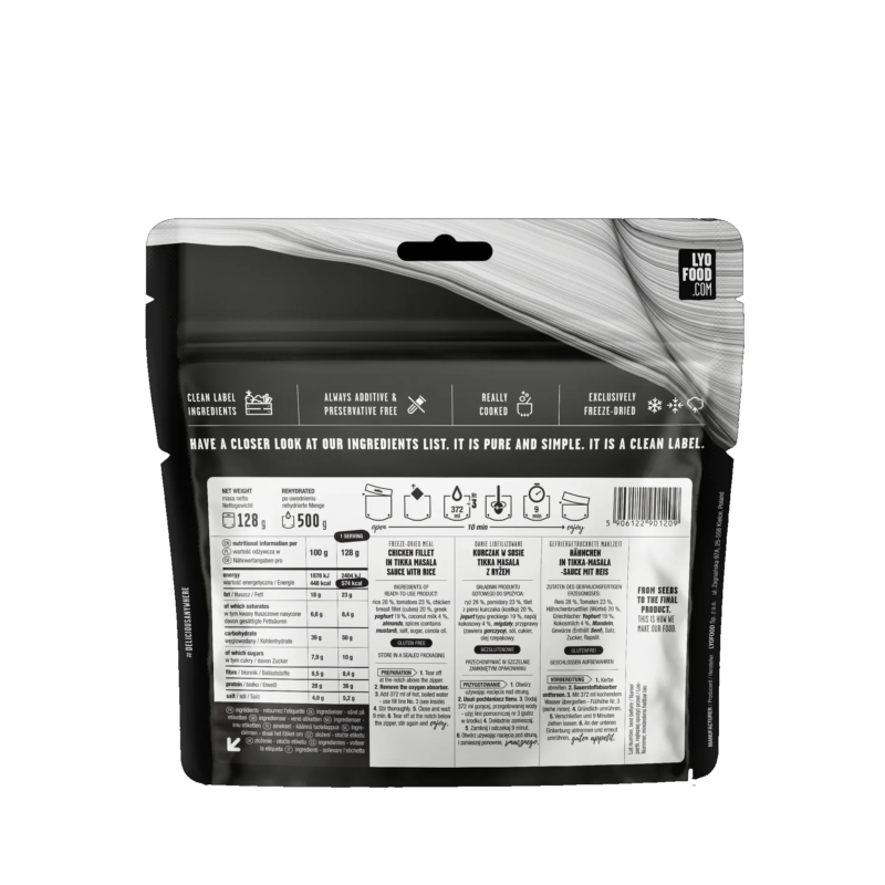 LYOFOOD Chicken Tikka Masala – retro busta con valori nutrizionali, ingredienti e istruzioni di preparazione