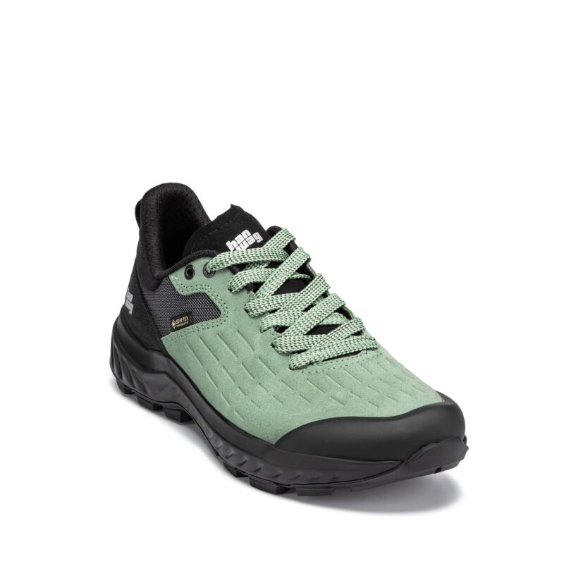 HANWAG Kaduro Low Lady GTX – scarpa trekking donna low-cut verde salvia, vista tre quarti anteriore con suola HANWAG e membrana GORE-TEX Invisible Fit