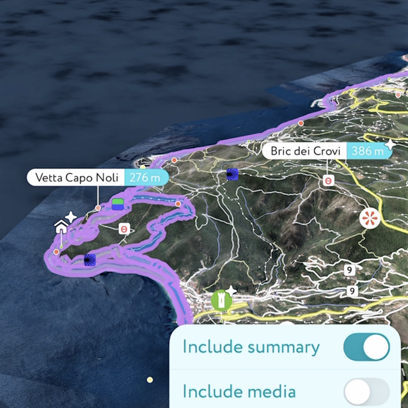 Vista 3D PeakVisor con percorso evidenziato a Capo Noli e Bric dei Crovi e menu di condivisione attivo