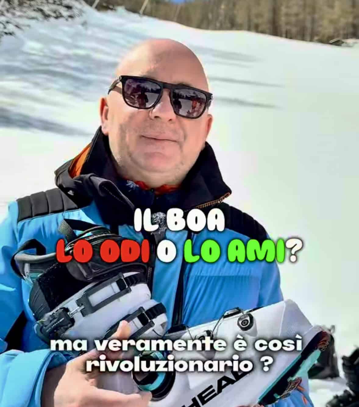 ZioMax con uno scarpone da sci Head BOA in mano a Cervinia, con testo sovrimpresso: "Il BOA — lo odi o lo ami? Ma veramente è così rivoluzionario?"