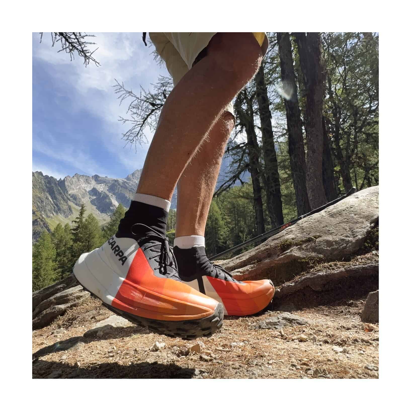 SCARPA Alien Ultra in azione su sentiero di roccia e radici nel bosco di larici